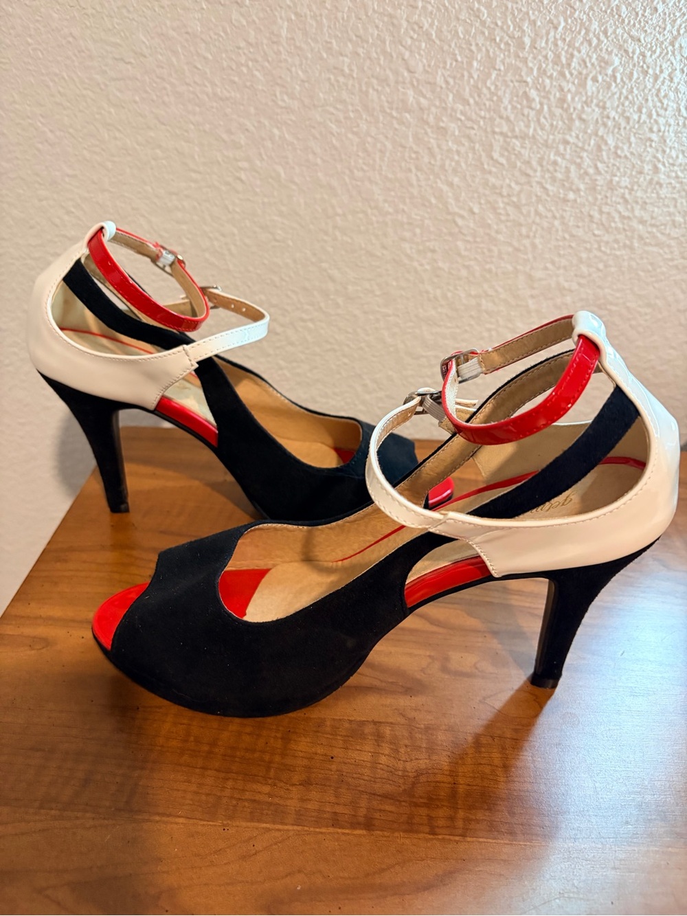 Women's Black, White & Red Peep-Toe Ankle Strap Heels